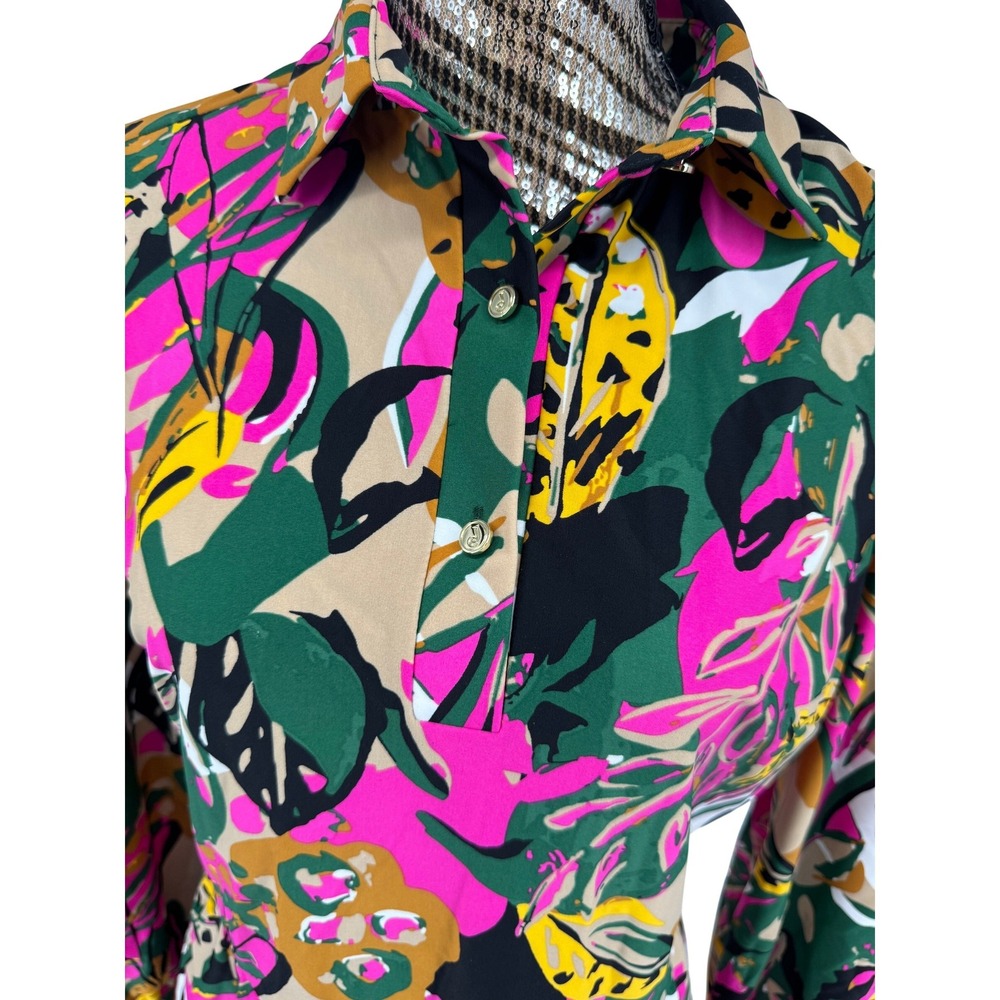 Jude Connally Pink Green Tropical Floral Tiered Shirt Dress Medium - Picture 3 of 7